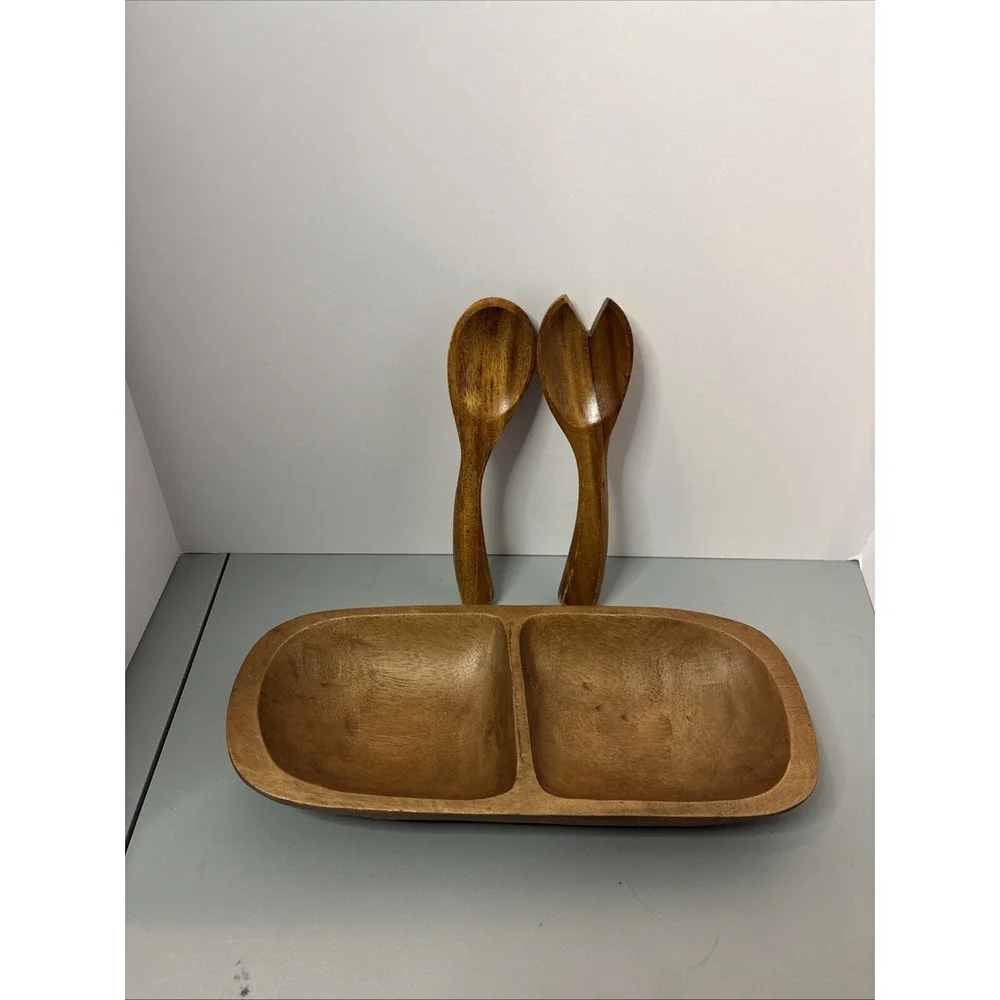Pottery Barn Serving Bowl Unisex OS Brown Good Wooden Divided Dough Bowl Set